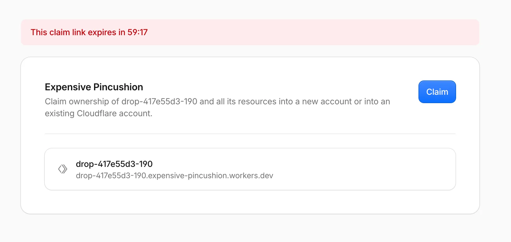 Cloudflare Drag and Drop claim account screen with a countdown before the claim link expires