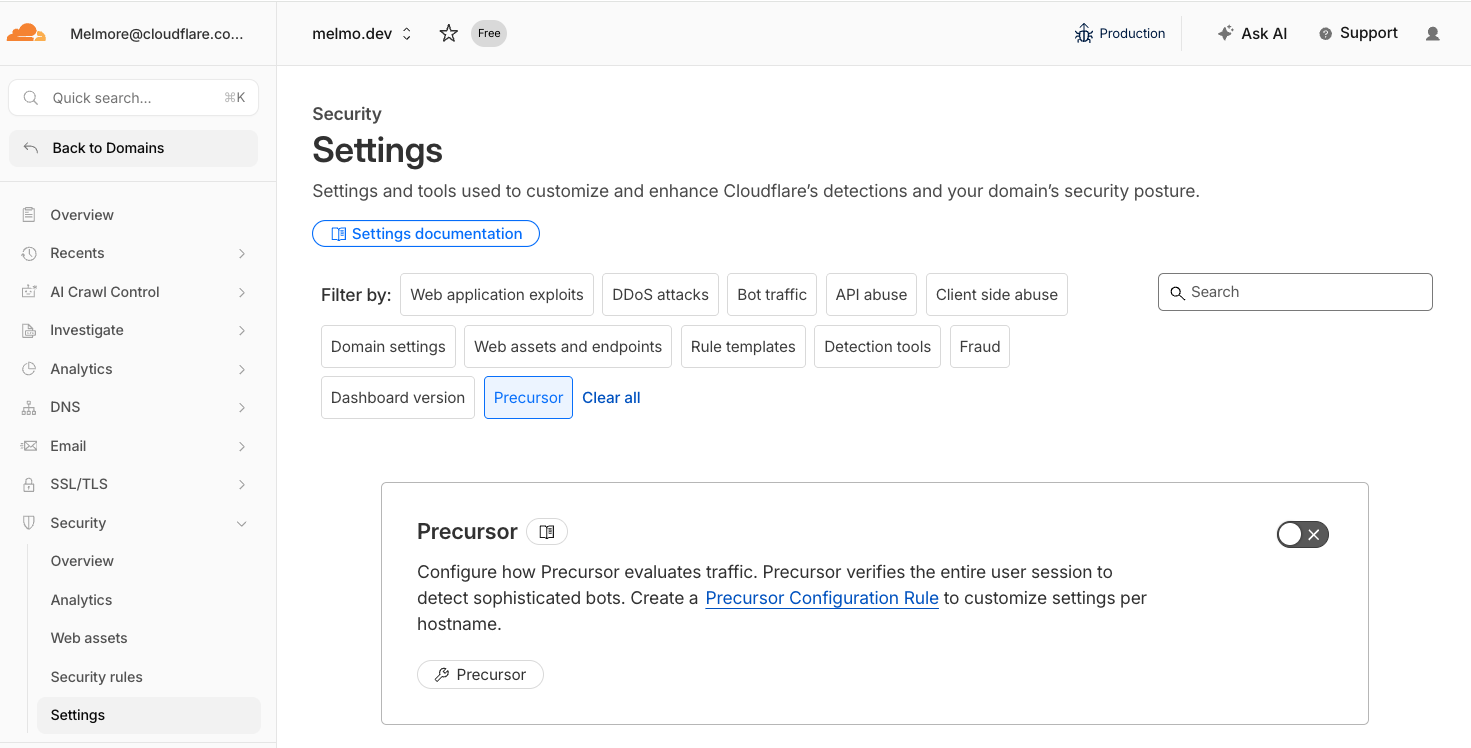 Security Settings page in the Cloudflare dashboard, showing the Precursor card with the on/off toggle